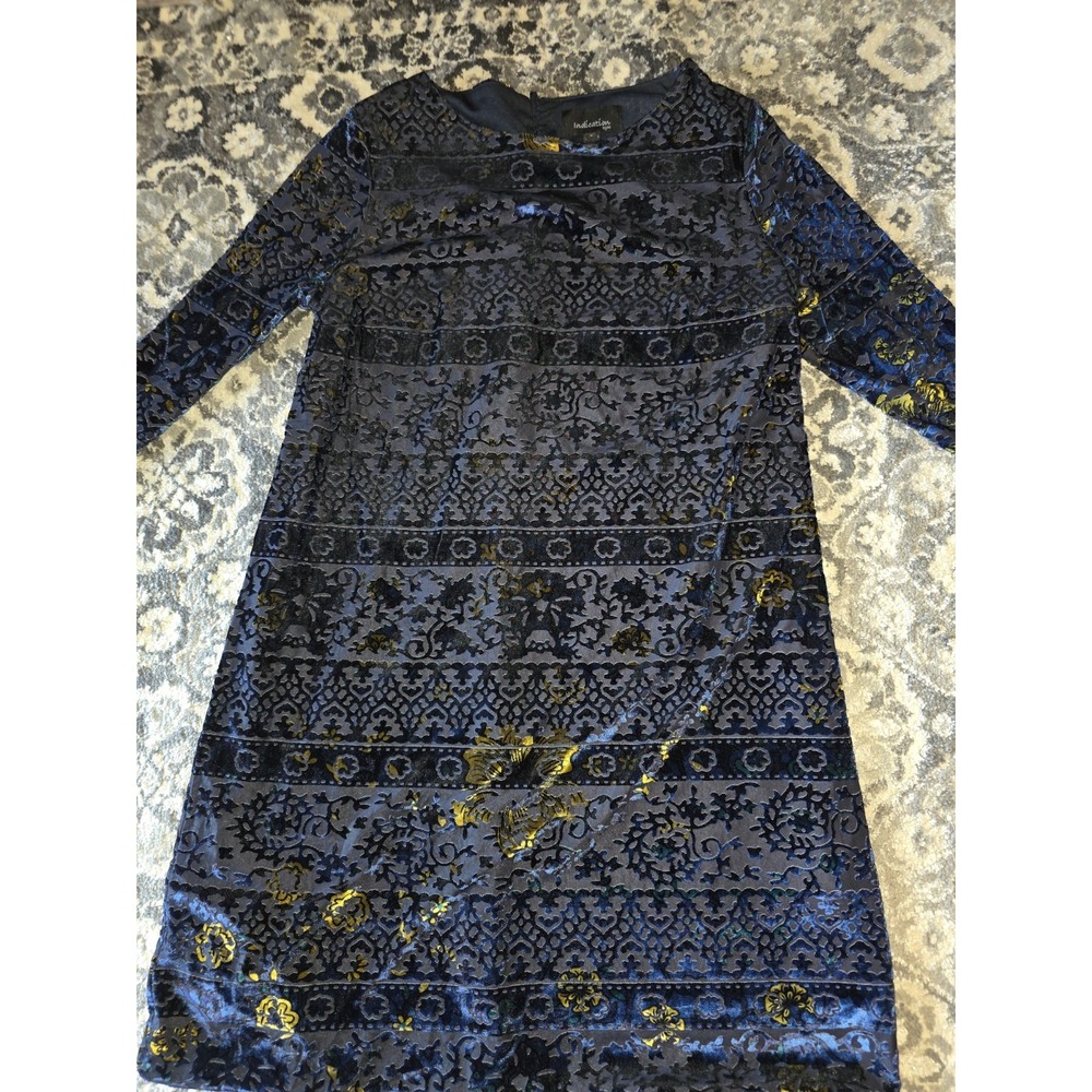 Indication By ECI NY Shift Dress Large, Velvet, Navy&Gold Fully Lined. Boho,